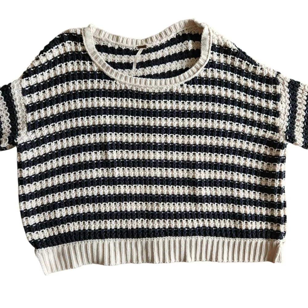 Free People At The Beach  Long Sleeve Cotton Pullover Sweater Ivory/Black Sz Med
